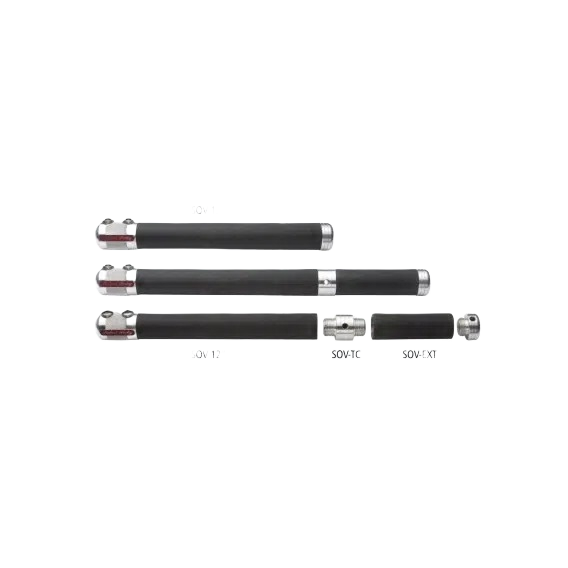 Three black modular Sovereign tool handles with silver metal fittings for woodworking tool customization