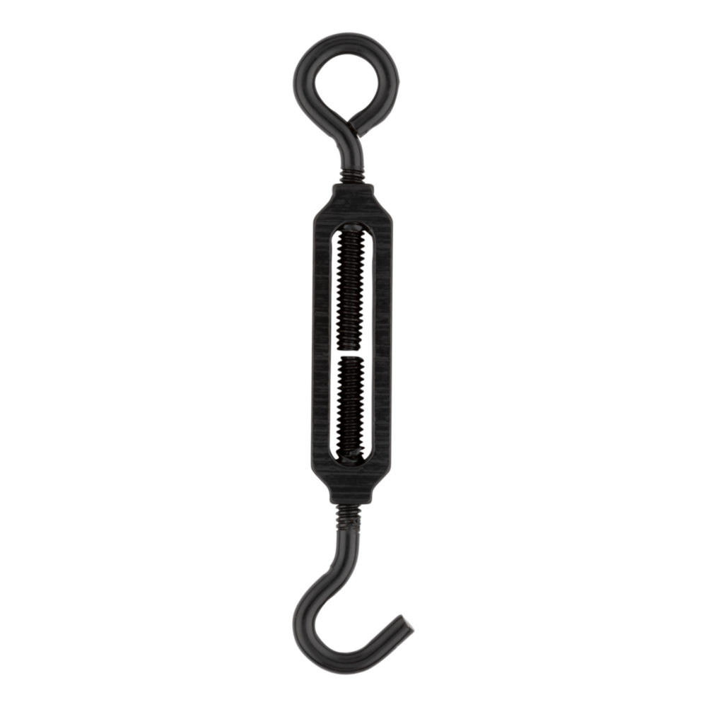 Black finished hook and eye turnbuckle with Storm Shine finish for adjustable tension in storage and garage organization under $50