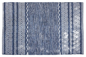 Hand-loomed cotton area rug with textured dark blue and white geometric patterns for home decor and flooring accents
