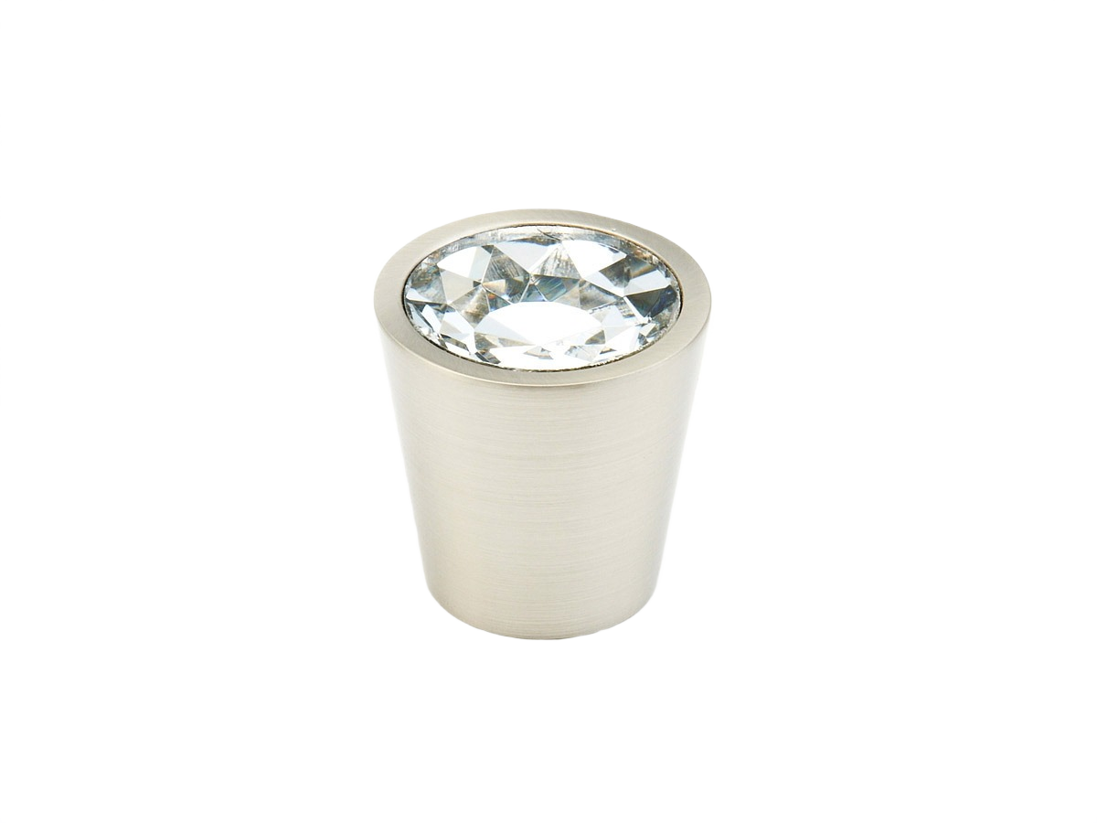 Satin nickel cabinet knob with clear faceted crystal accent for furniture hardware and home improvement projects
