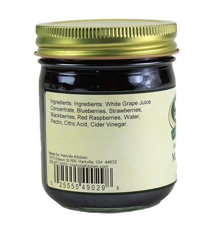 Back view of Hartville Kitchen mixed berry spread jar showing ingredients label and gold metal lid in jams and jellies collection
