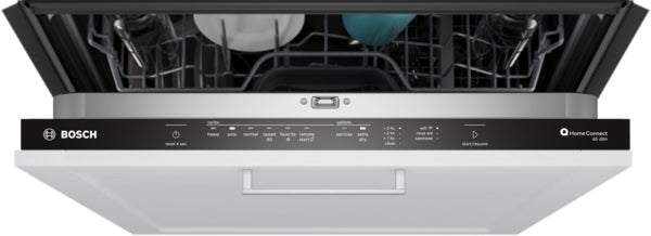 Open 24-inch Bosch dishwasher upper rack loaded with cups and bowls for kitchenware and appliance use