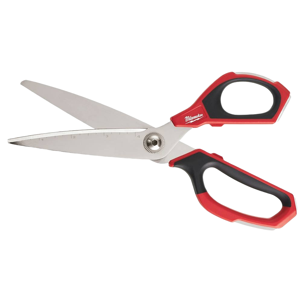 Red and black handled straight scissors with iron carbide blades for precision cutting in hand and woodworking tools collections