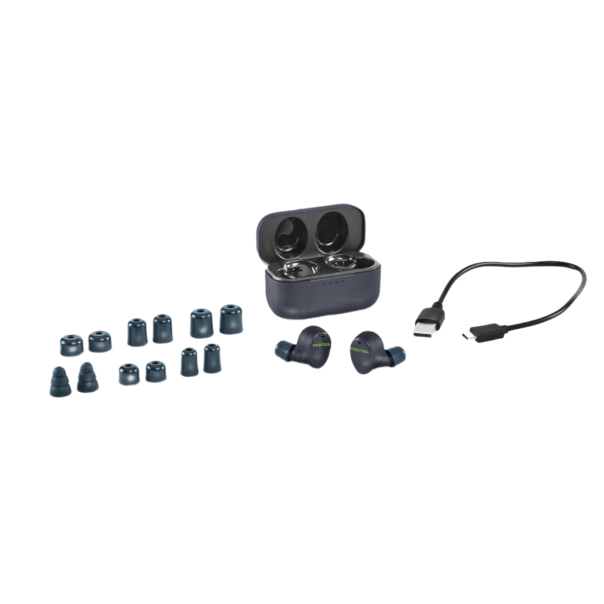 Cordless Bluetooth earplugs with charging case, multiple ear tip sizes, and USB charging cable for safety and tools use