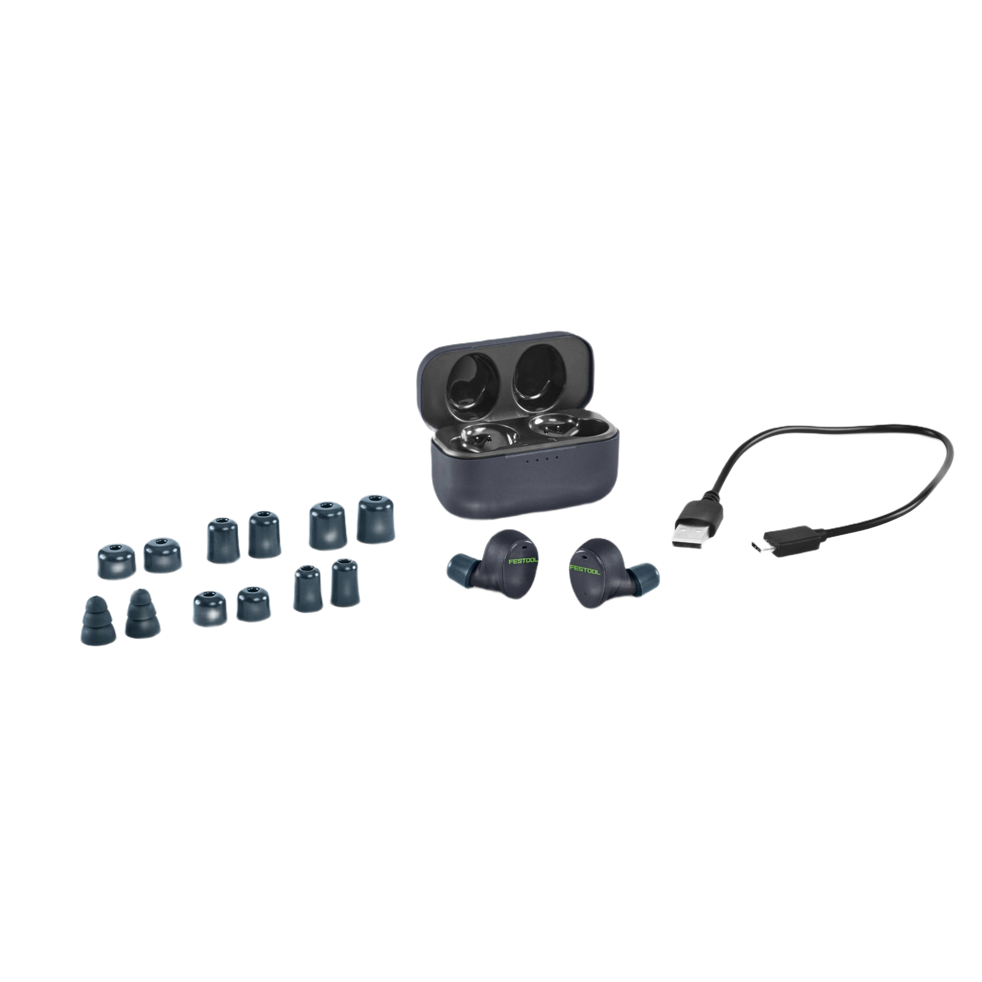 Cordless Bluetooth earplugs with charging case, multiple ear tip sizes, and USB charging cable for safety and tools use