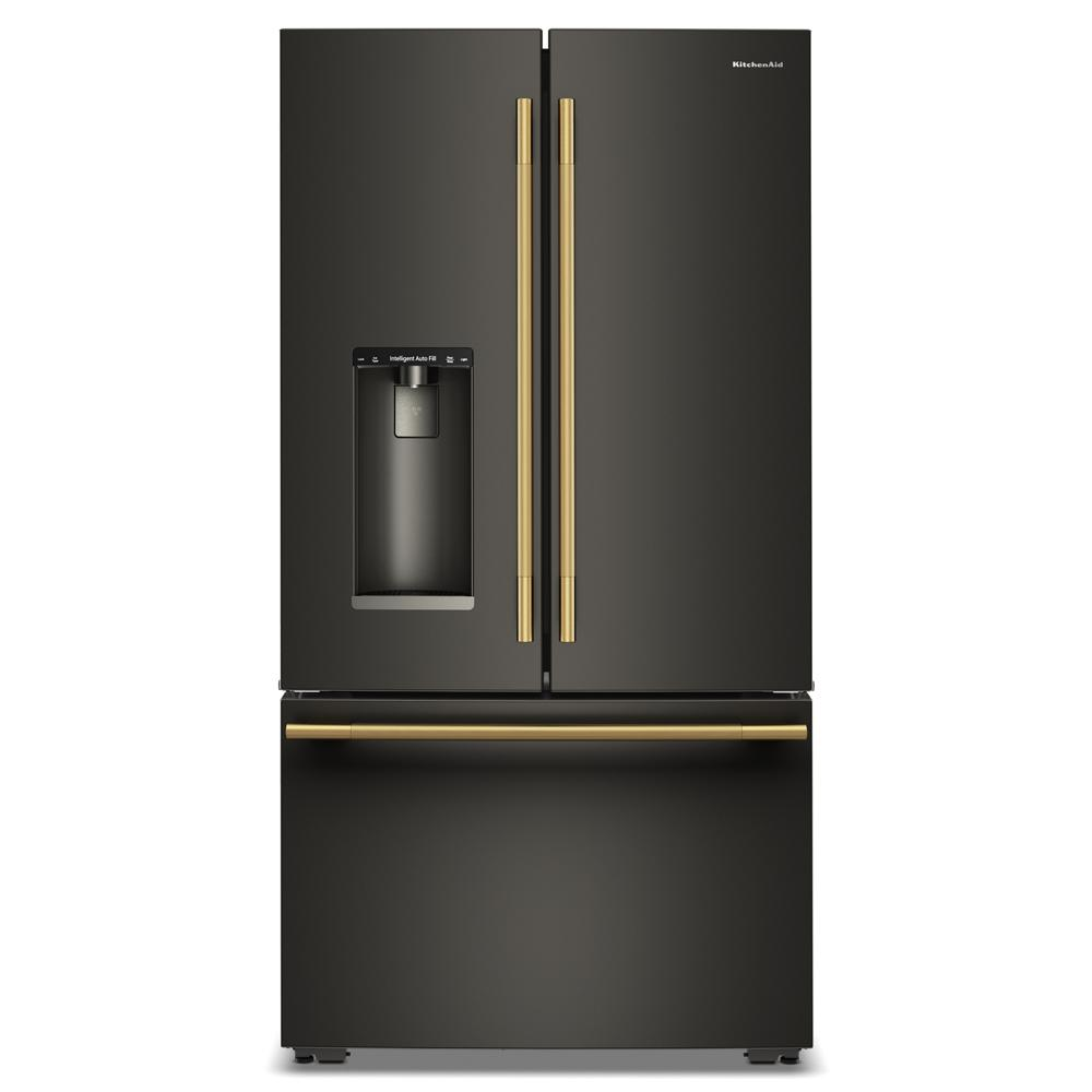 Counter-depth French door refrigerator in black stainless steel with gold-tone handles, bottom freezer drawer, and built-in water dispenser, part of Refrigerators, French Door Refrigerators, Kitchen & Kitchenware, All Products, KitchenAid, Appliances collections.
