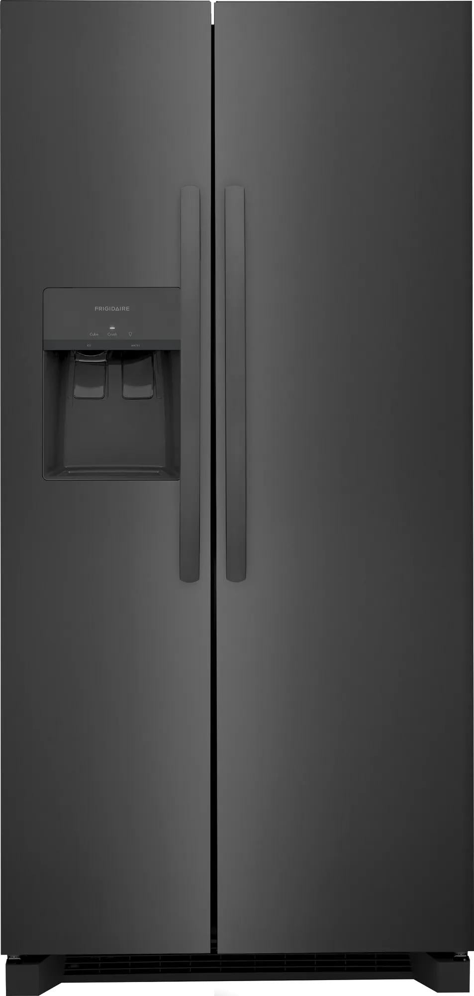 Standard-depth side-by-side refrigerator in matte black with built-in water and ice dispenser for kitchen appliances collection