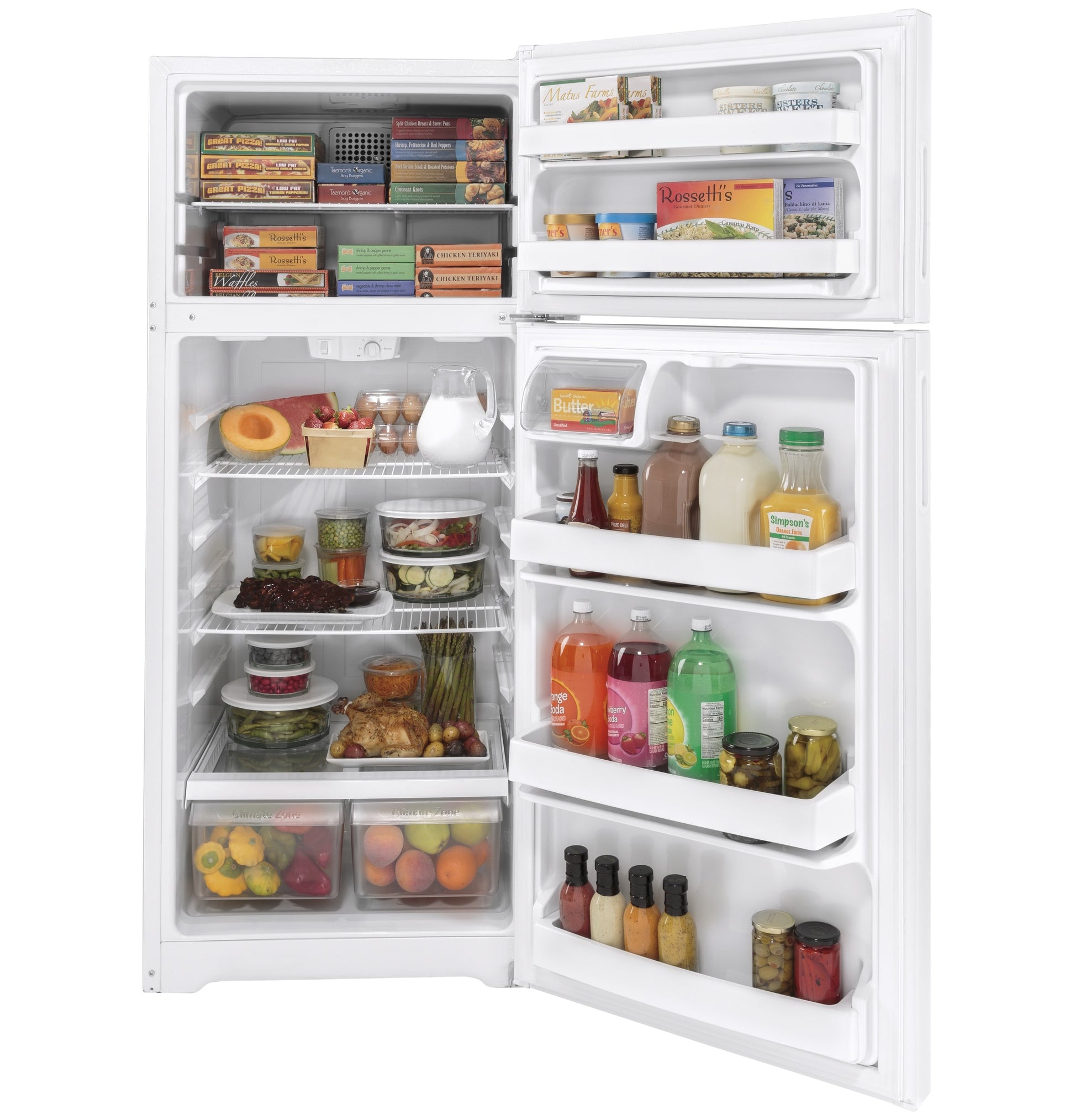 Open white recessed handle top-freezer refrigerator filled with food and beverages in kitchen appliances collection