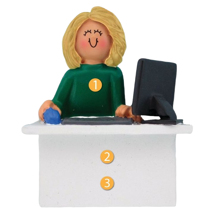 Blonde female computer user figurine ornament at desk with monitor, festive Christmas decor under 50 dollars