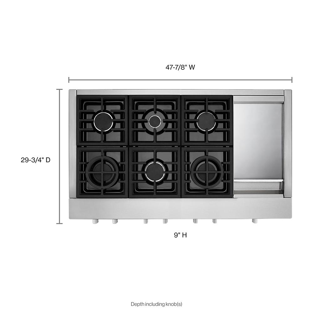 48-inch stainless steel gas cooktop with six burners and electric griddle from KitchenAid cooktops collection