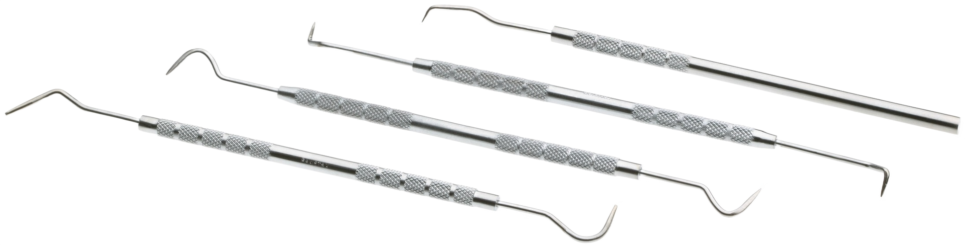 Set of four stainless steel precision picks with textured grips for home improvement and detailed tool work