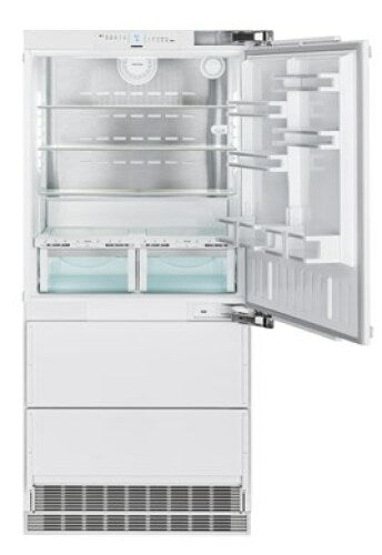 Built-in refrigerator and freezer with right hinge, adjustable shelves, and clear storage drawers in Appliances collection