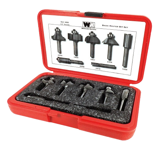 Set of seven router bits with 1/4 inch shank in a red case for tool accessories and woodworking projects collections