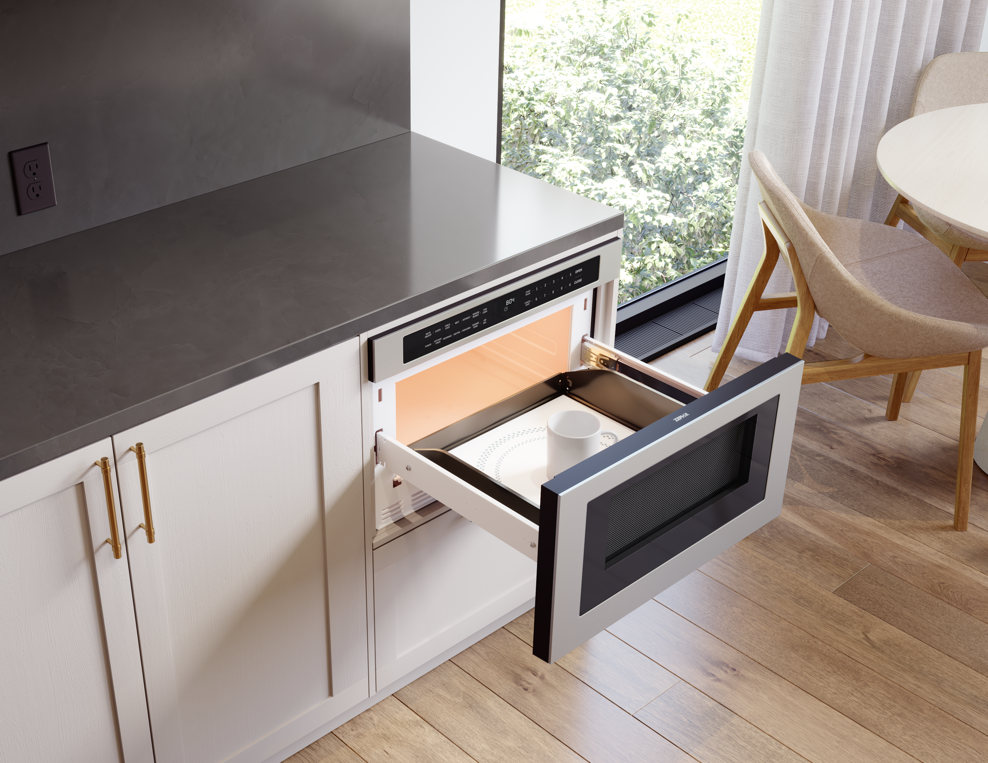 Under-counter stainless steel microwave drawer partially open in a modern kitchen with white cabinetry and gold handles, part of microwave drawers and kitchen appliance collections.