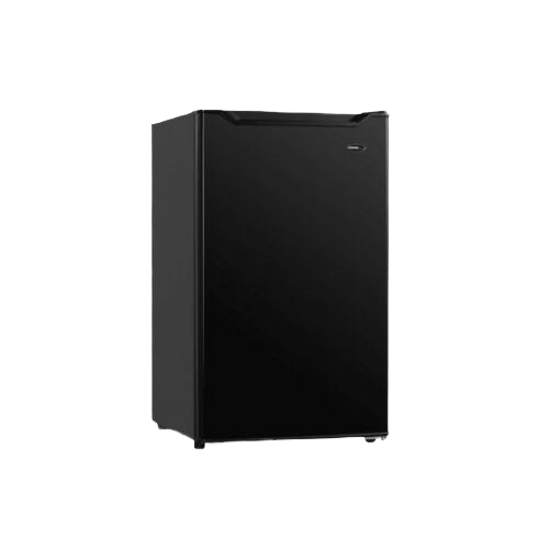 compact black refrigerator with full width freezer and push button defrost in kitchen and appliance collections