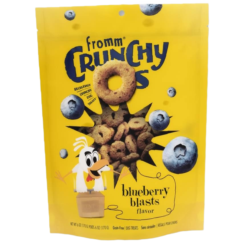 Yellow packaging of Fromm blueberry-flavored crunchy dog treats with playful bird illustration in pet supplies collection