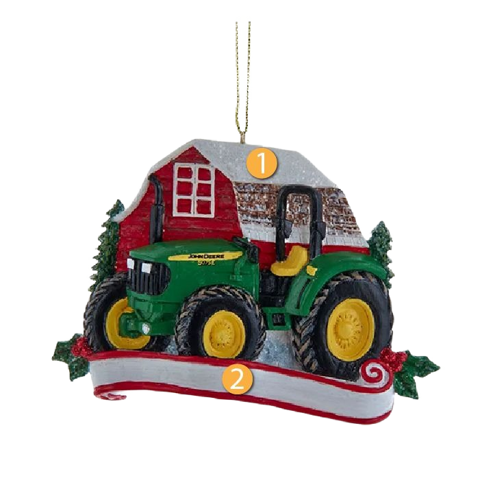 Personalized John Deere 5075 tractor ornament with red barn background for Christmas tree decorations under $50
