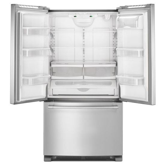 Open stainless steel french door refrigerator with bottom freezer and adjustable interior shelves from Appliances collection