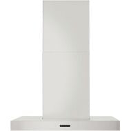 Contemporary stainless steel T-style wall mount chimney hood with quiet blower and LED lighting in kitchen appliances collection