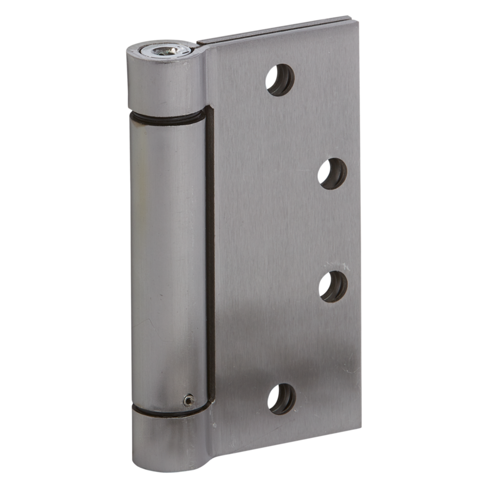 Brushed metal spring hinge with patented ratchet and multiple mounting holes for door hardware and home improvement projects