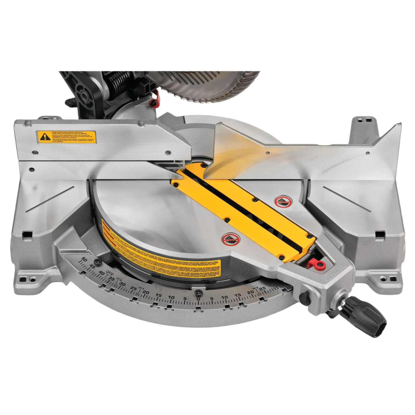 Silver and yellow single-bevel compound miter saw base for precise angled cuts in power tools and home improvement collections