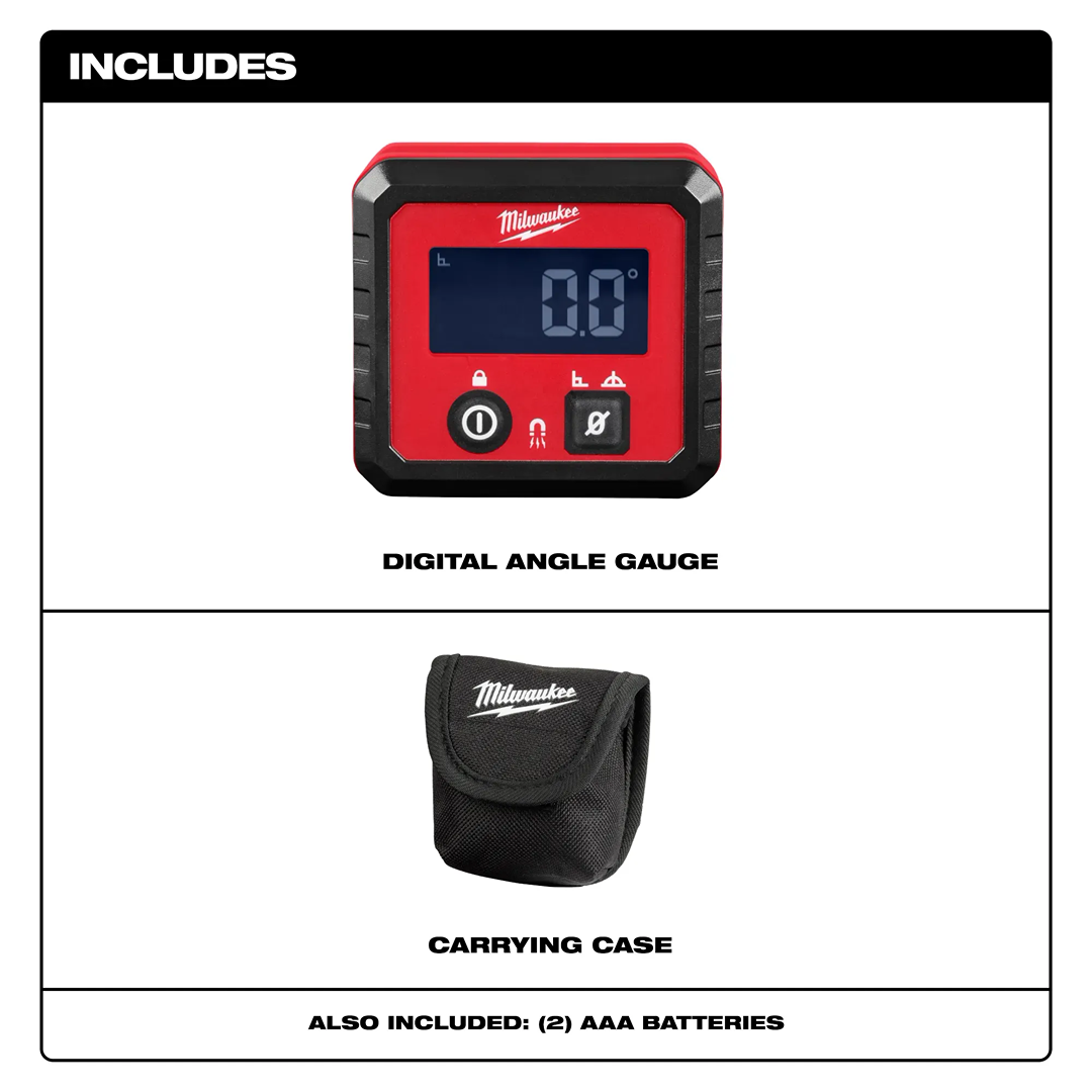 Red and black Milwaukee digital angle gauge with LCD display, carrying case, and included AAA batteries for woodworking tools.