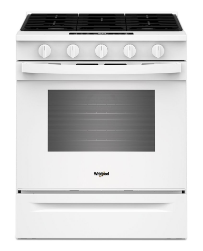 White 30-inch gas range with five control knobs and large oven window from kitchen and appliances collection