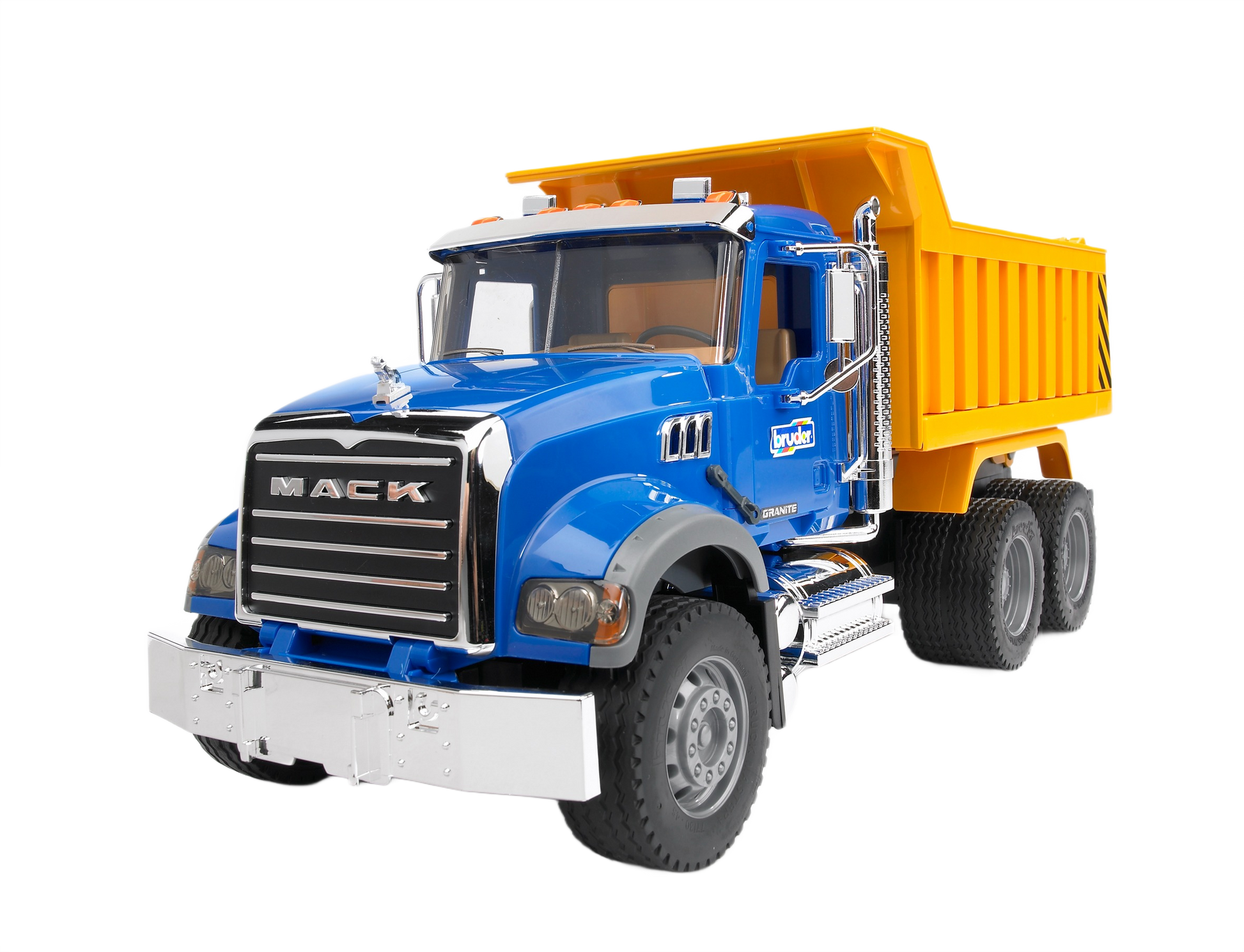 Blue and yellow Bruder MACK Granite dump truck toy with realistic cab details and sturdy plastic body for construction play
