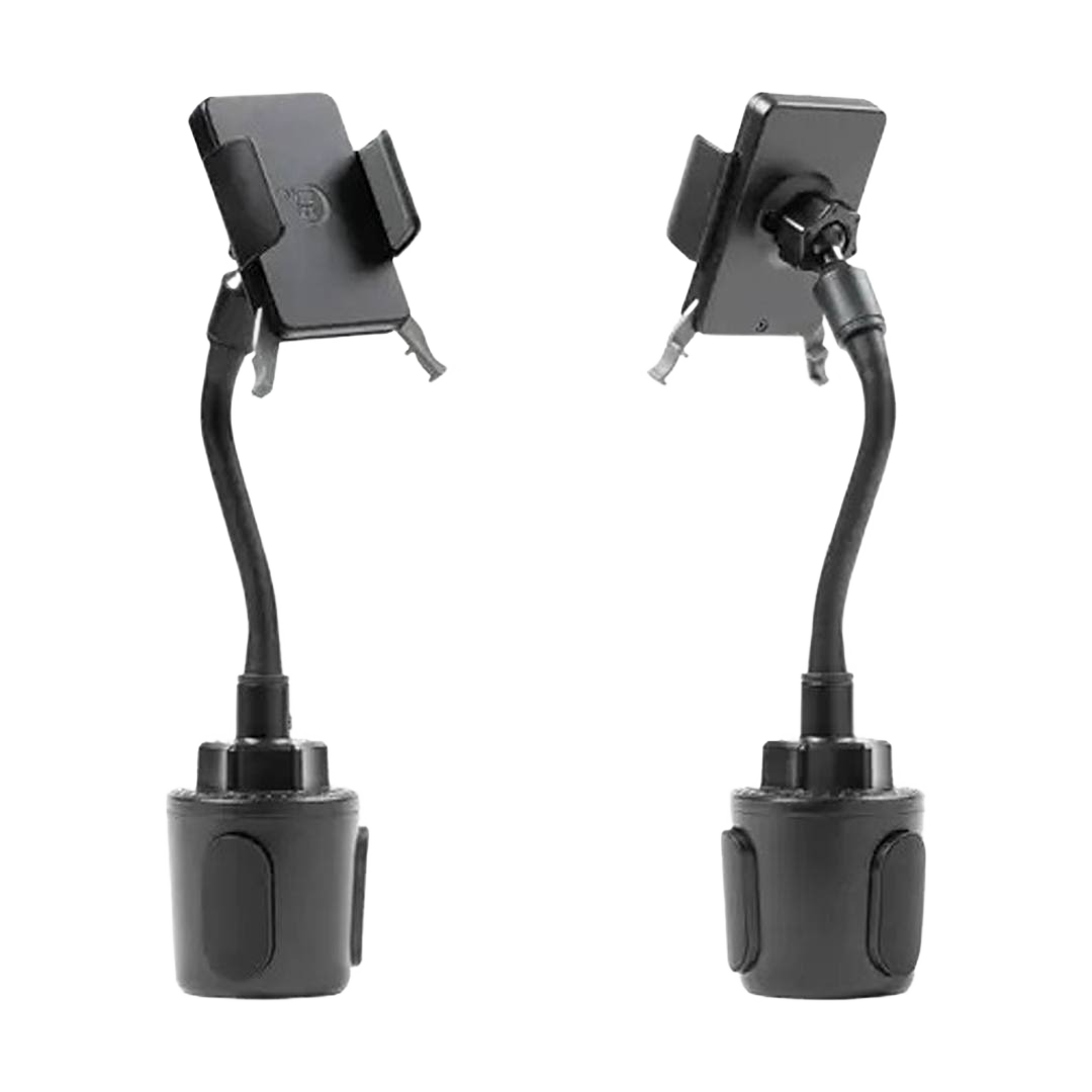 Adjustable universal cup holder mount with bendable arm and strong clamp for hands-free phone use, ideal for home improvement.
