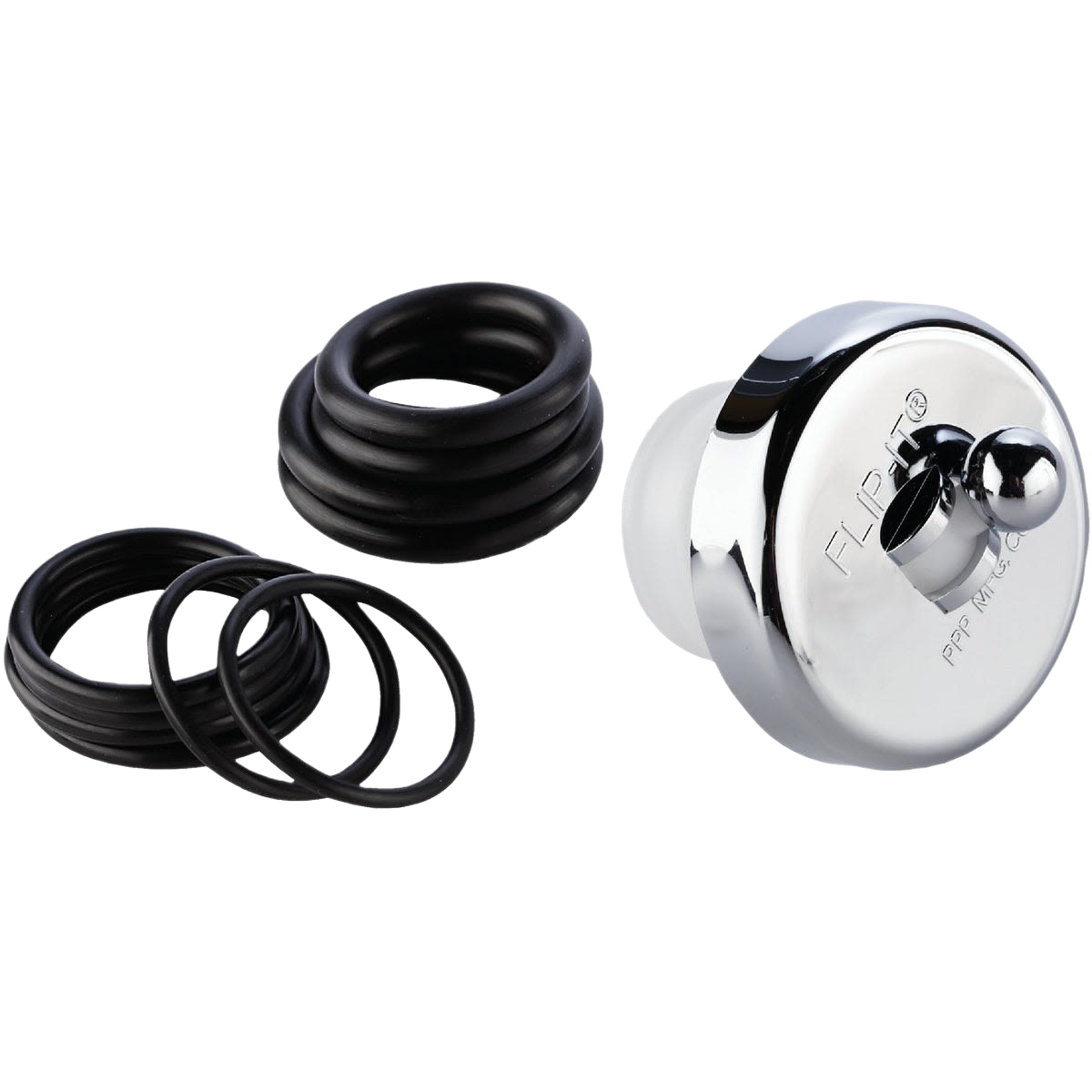 Chrome bathtub drain with assorted black rubber O-rings for plumbing repair and shower parts under $50 collection