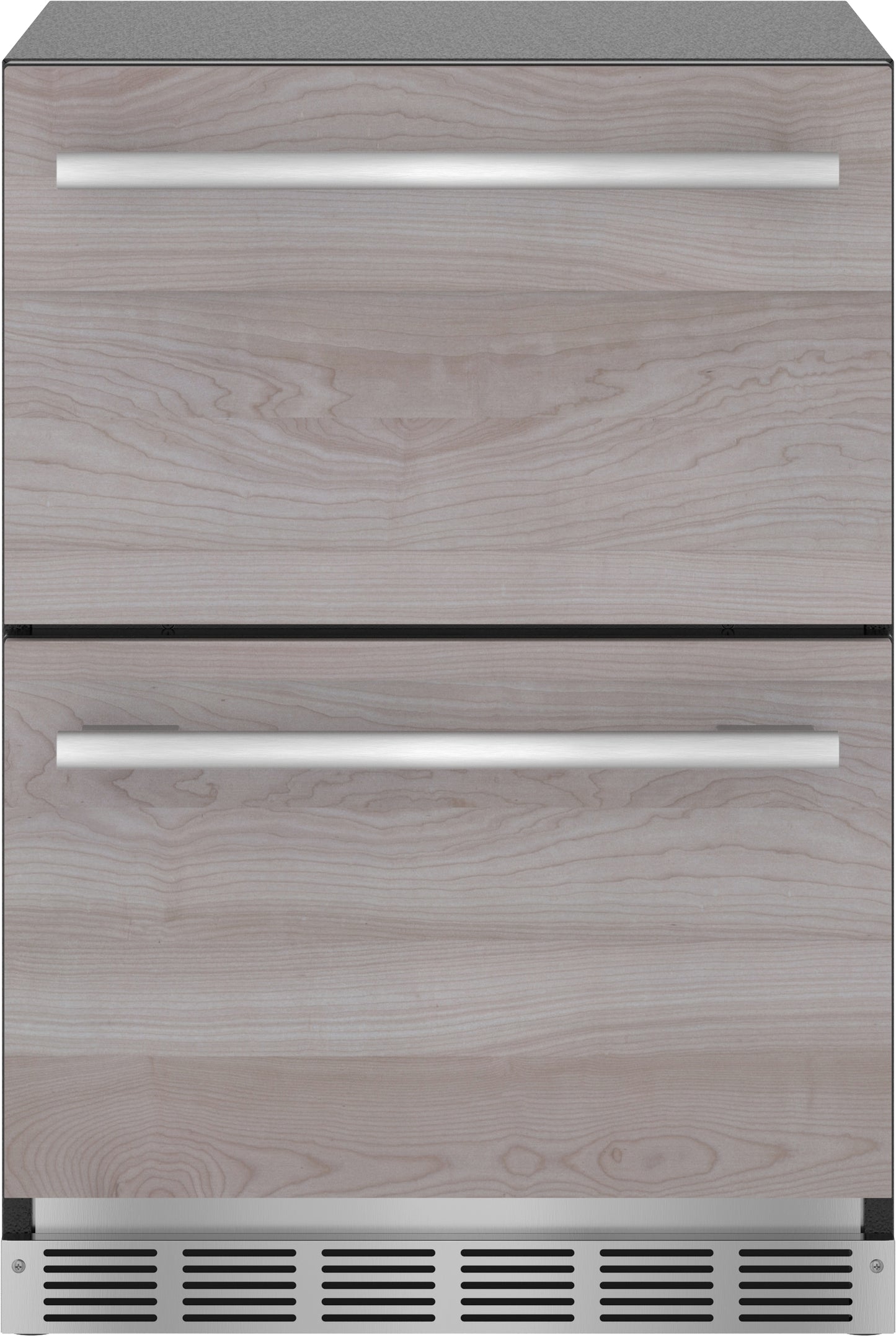 panel-ready under counter double drawer refrigerator with light wood finish and stainless steel handles