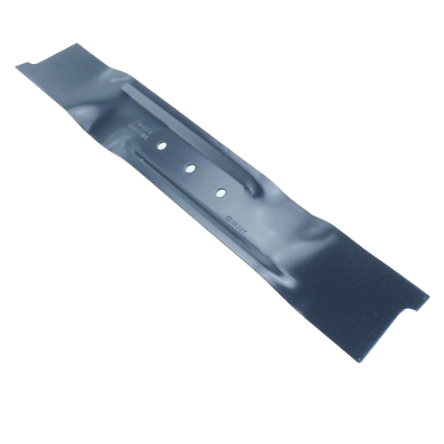 Black steel mower blade with three center mounting holes designed for lawn care tools and home improvement use