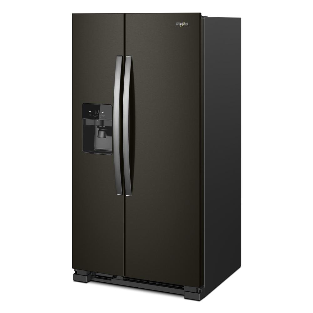 36-inch wide black side-by-side refrigerator with water dispenser and streamlined handles from kitchen appliances collection