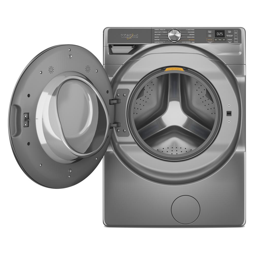 Front view of stainless steel smart front load washer with door open showing large capacity drum in appliances collection