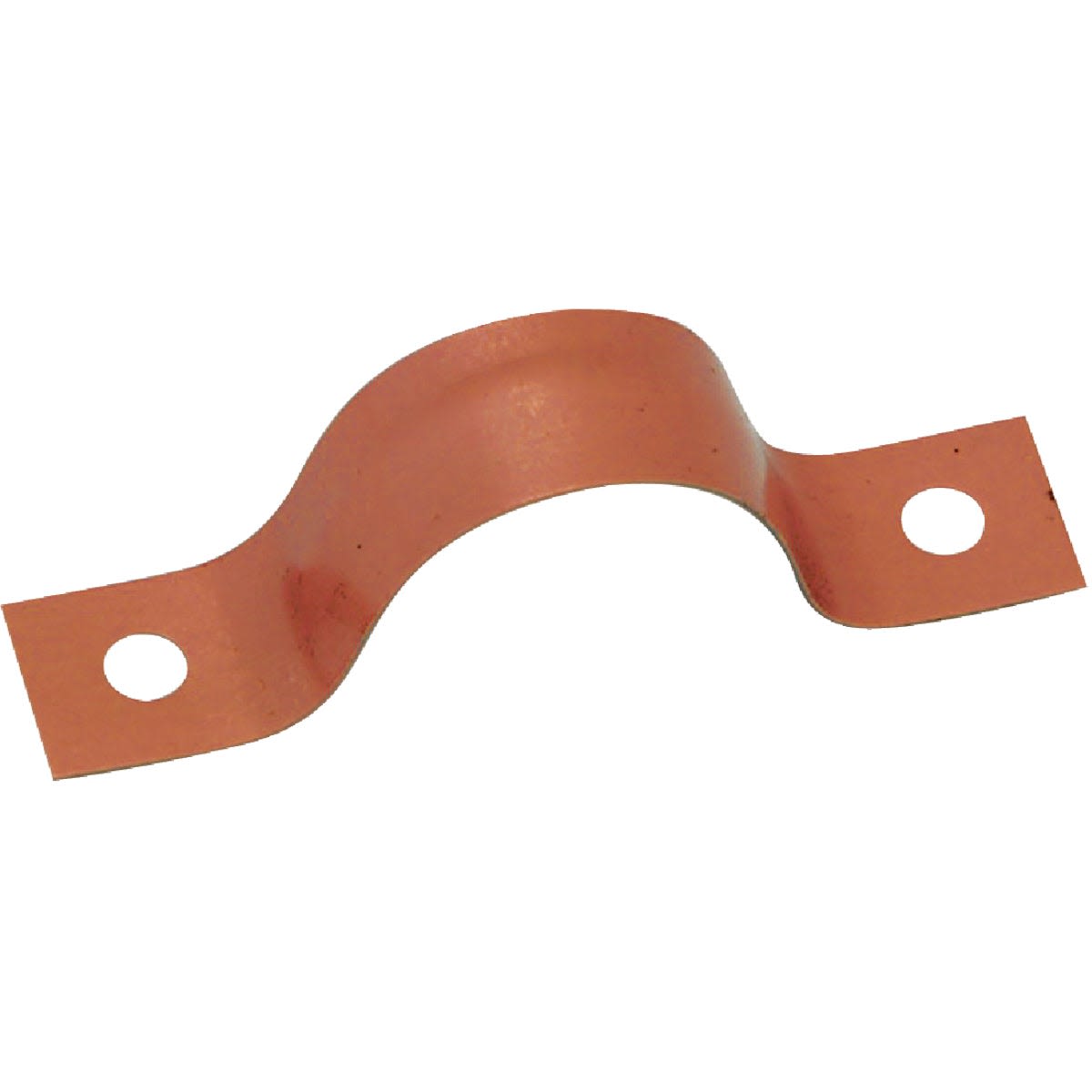 Copper coated steel pipe strap with two mounting holes for secure plumbing support and corrosion resistance