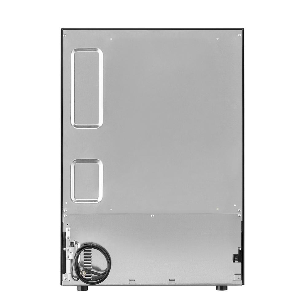 Back view of a stainless steel undercounter refrigerator with ventilation grille and coiled power cord in kitchen appliance collection
