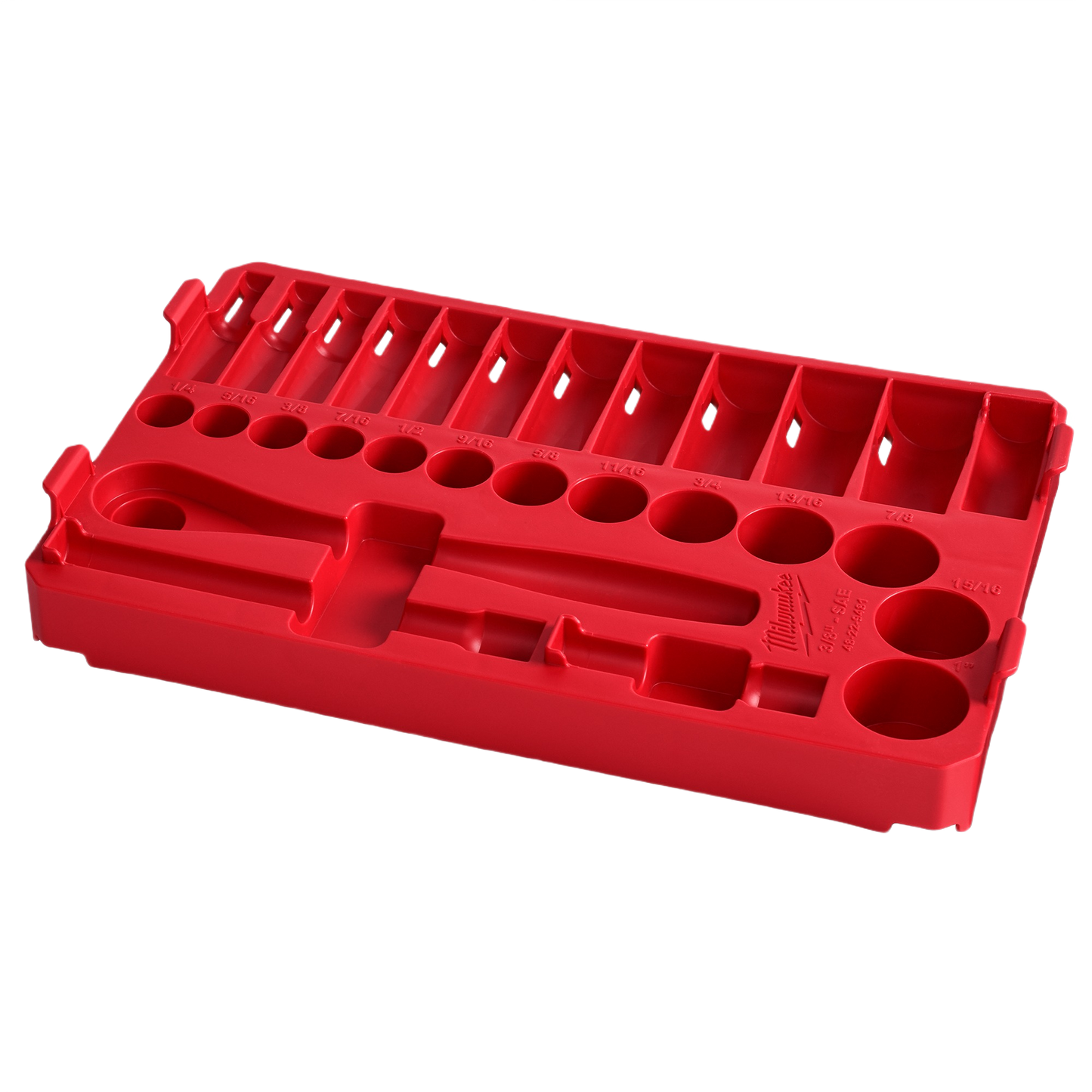 Red plastic organizer insert molded with labeled slots for sockets, ratchet, and extensions for home improvement tools