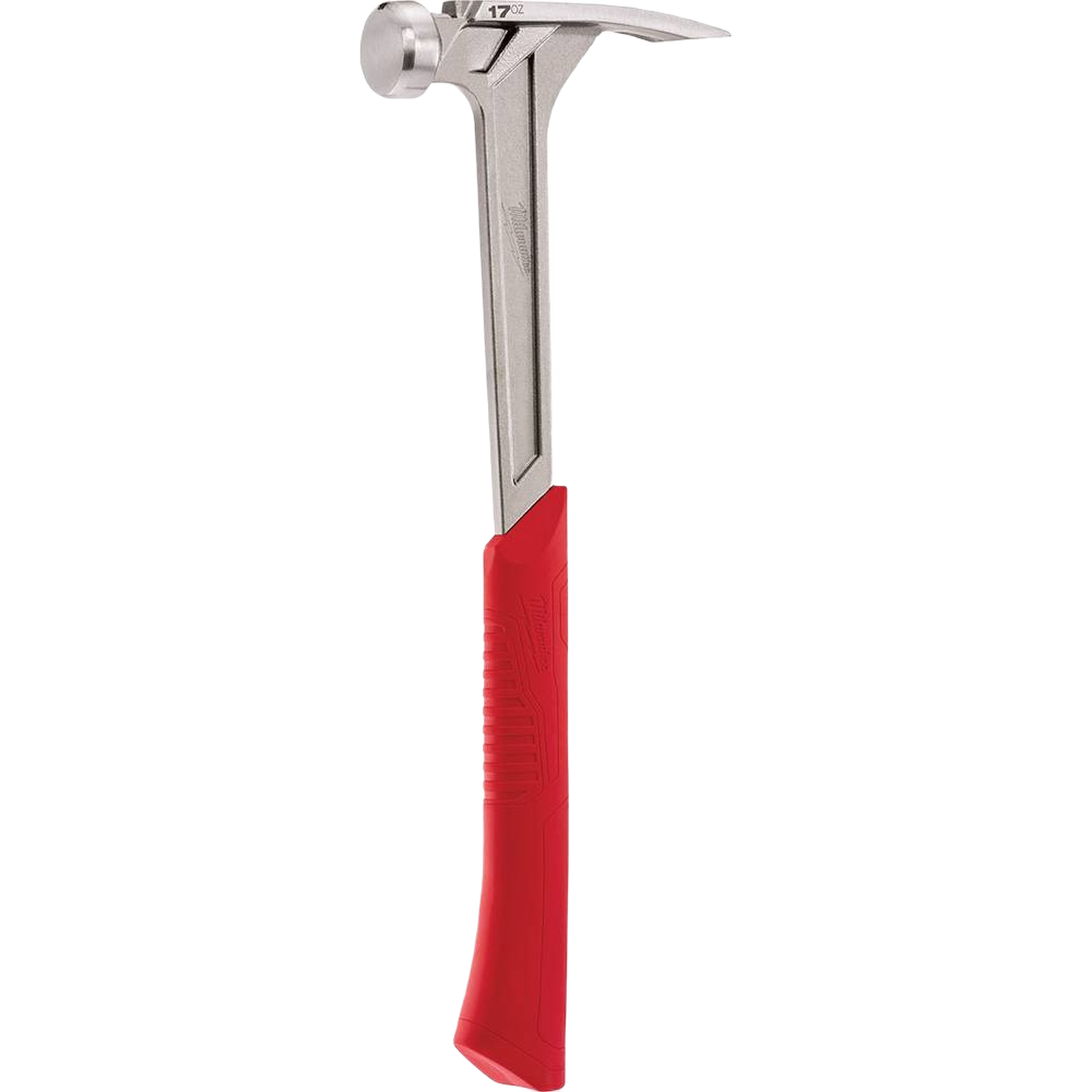 Smooth face framing hammer with silver metal head and red textured grip for home improvement projects