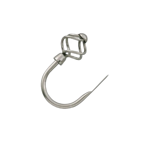Satin nickel birdcage-style curtain holdback with smooth curved hook for home window treatments and decor