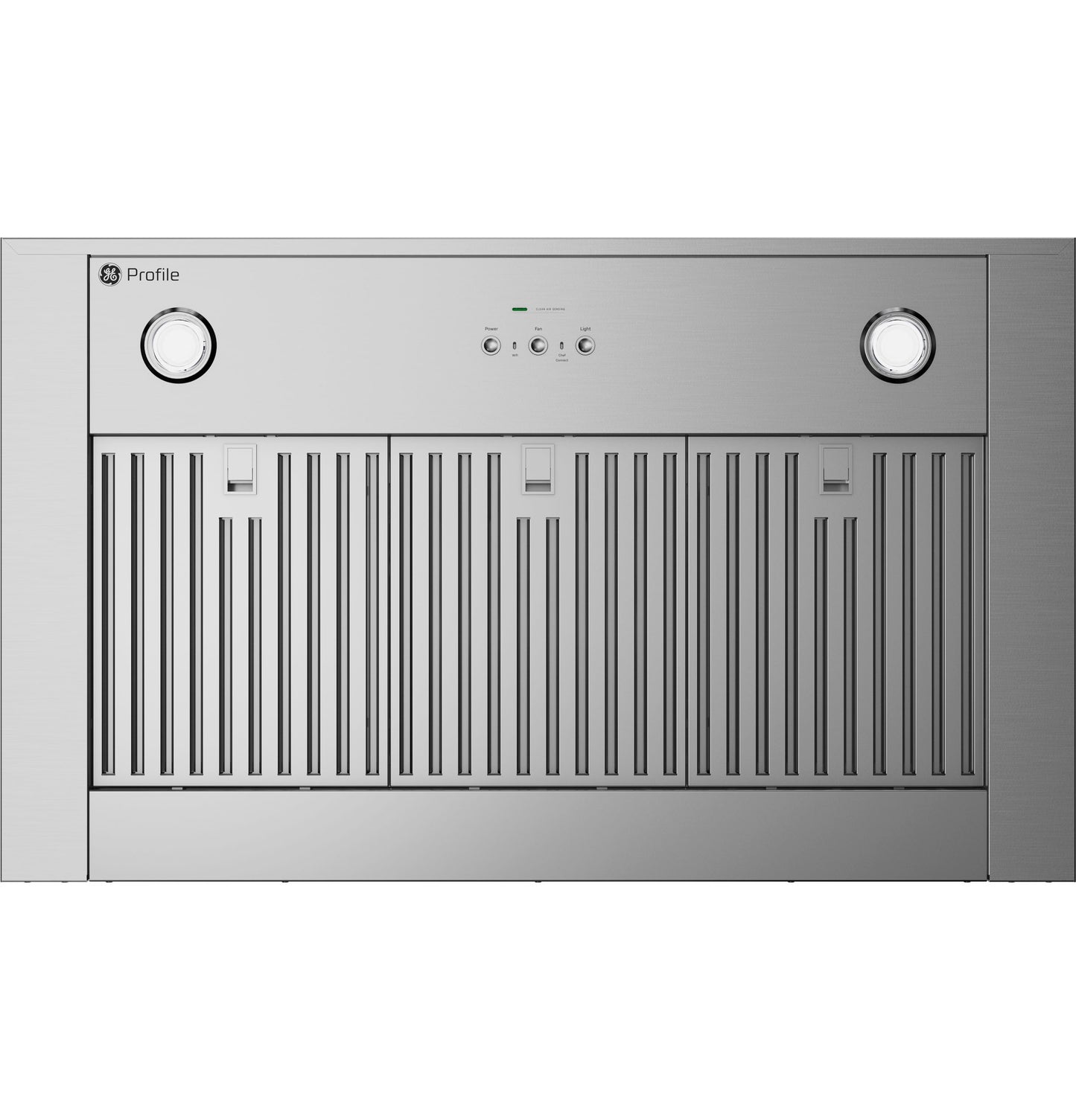 Stainless steel wall-mounted vent hood with clean air sensors, LED lights, and modern control buttons in kitchen appliances collection