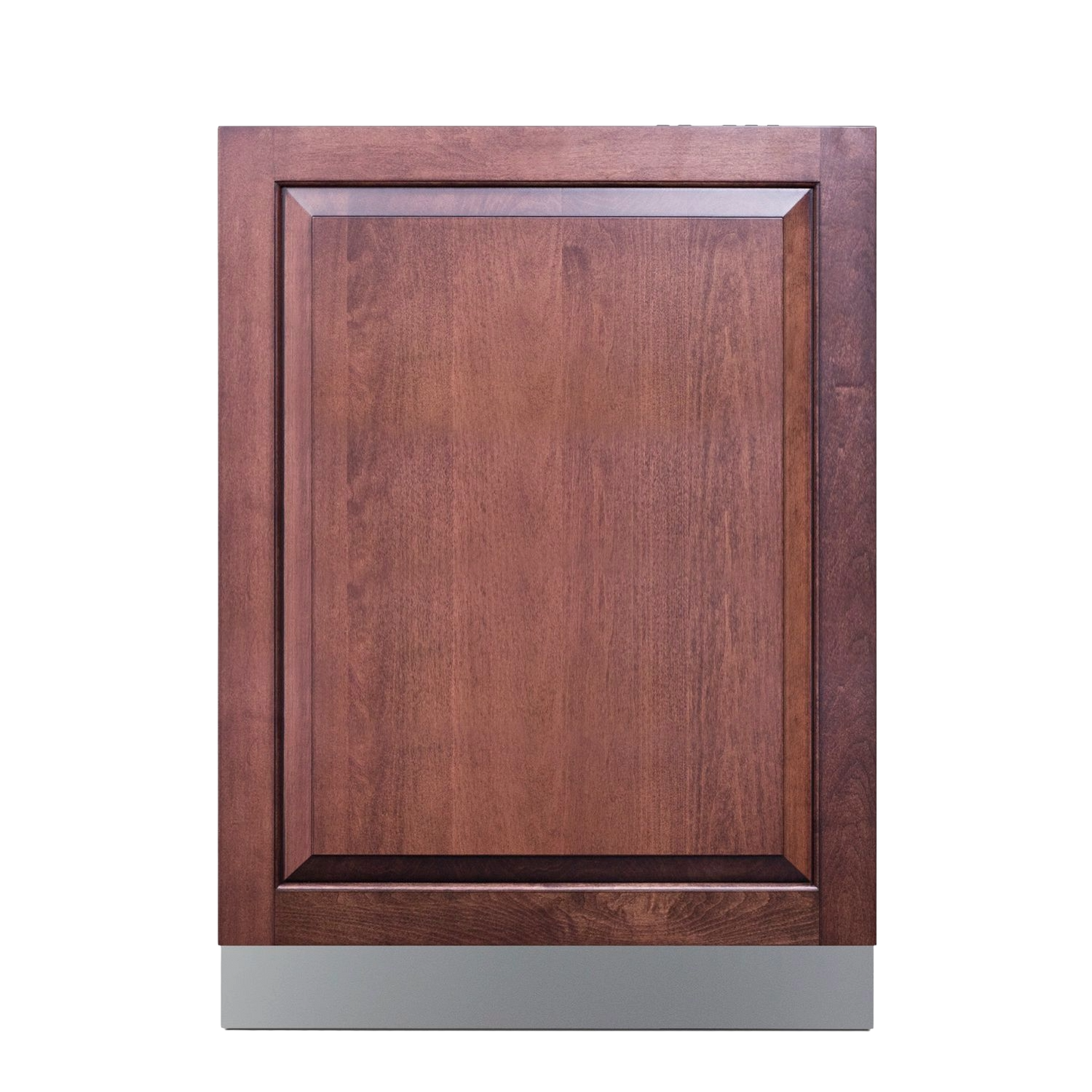 Built-in dishwasher front panel in dark wood finish with stainless steel toe kick in kitchen appliance setting