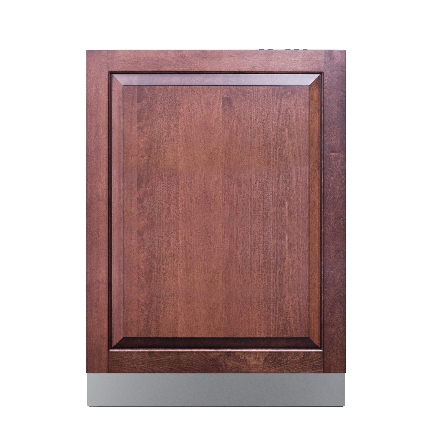 Built-in dishwasher front panel in dark wood finish with stainless steel toe kick in kitchen appliance setting