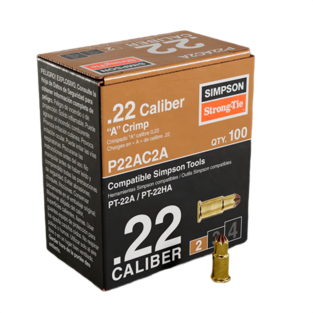 Box of 100 Simpson Strong-Tie .22 caliber single-shot crimps for compatible nail guns and air tools collections.