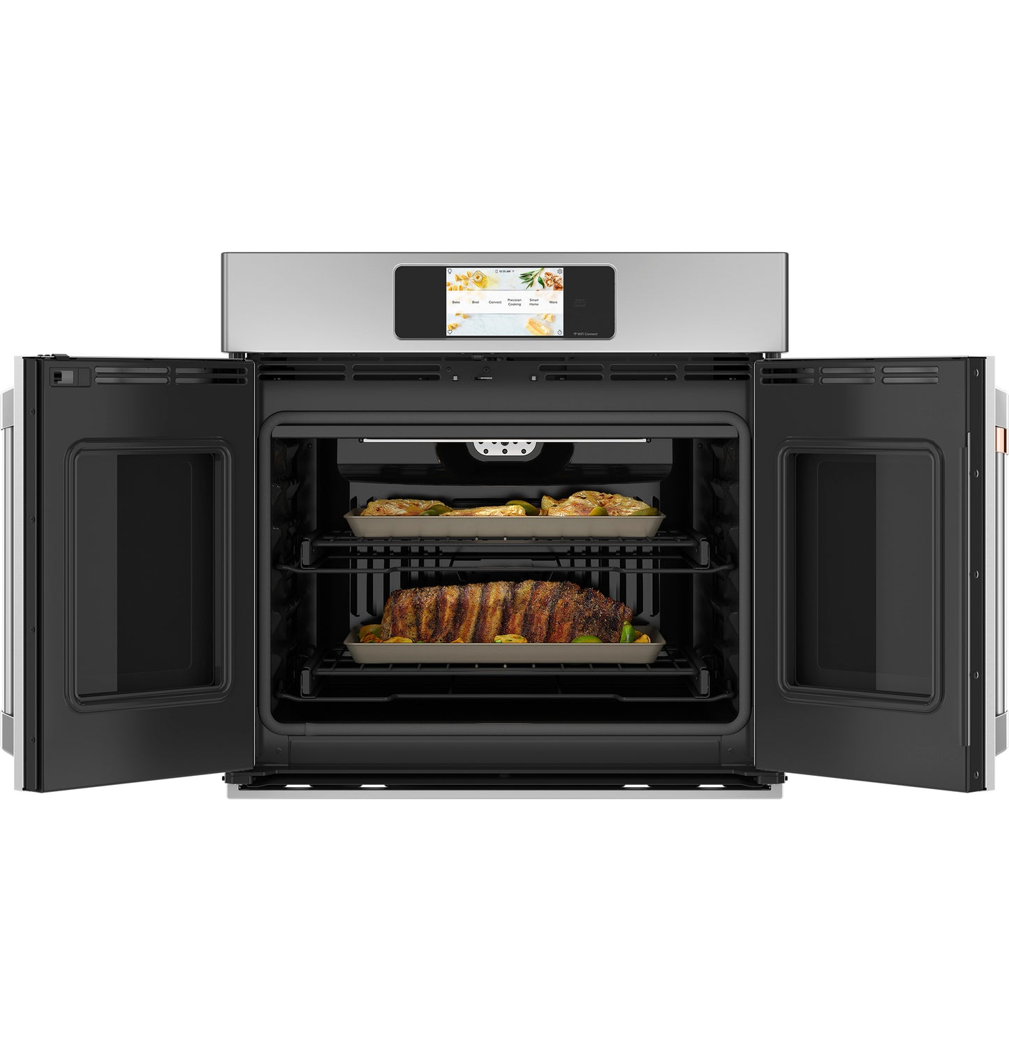 Stainless steel smart convection French-door wall oven with open doors and food trays inside in Appliances collection