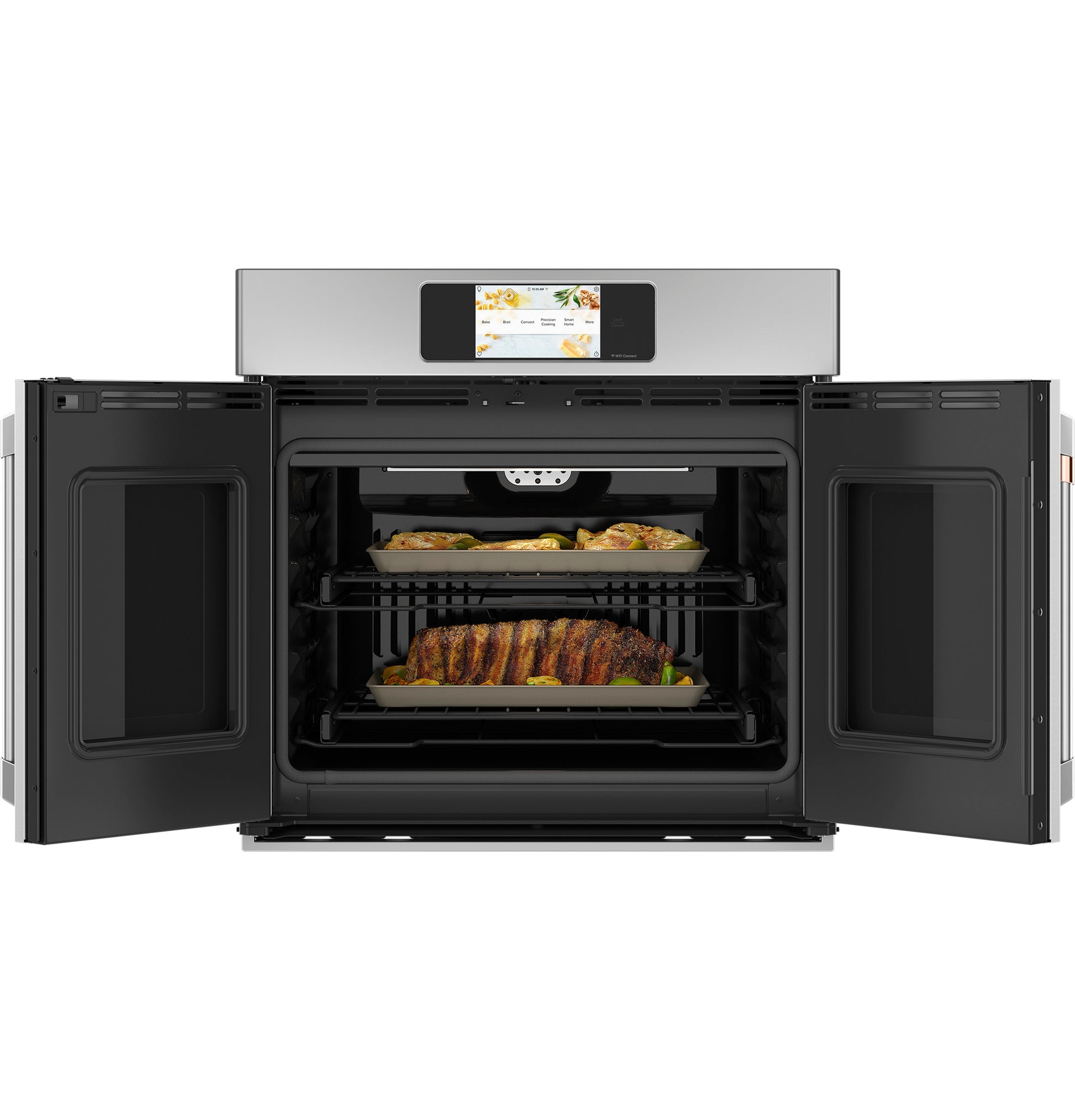 Stainless steel smart convection French-door wall oven with open doors and food trays inside in Appliances collection