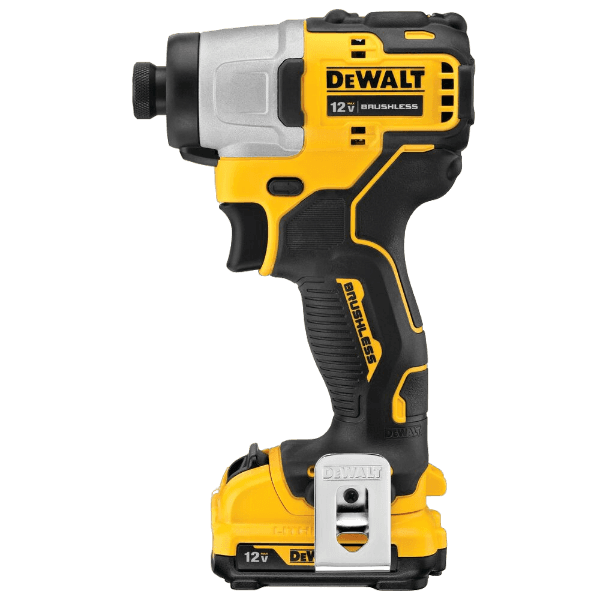 Yellow and black 12V brushless cordless impact driver with ergonomic grip for home improvement tasks