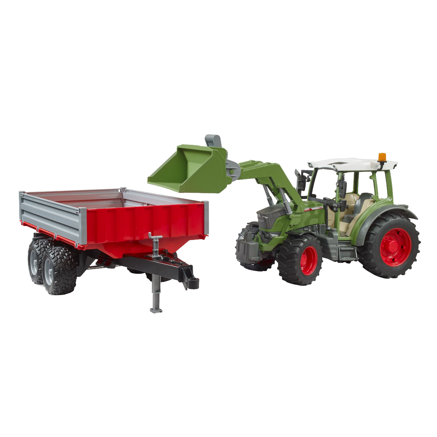 Green detailed toy tractor with front loader and red tipping trailer from Bruder Toys in Vehicles & Remote Controlled Toys collection