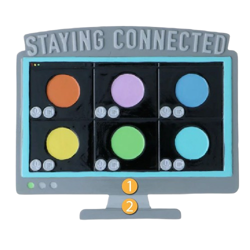 Christmas ornament shaped like computer screen showing colorful virtual meeting windows with staying connected text