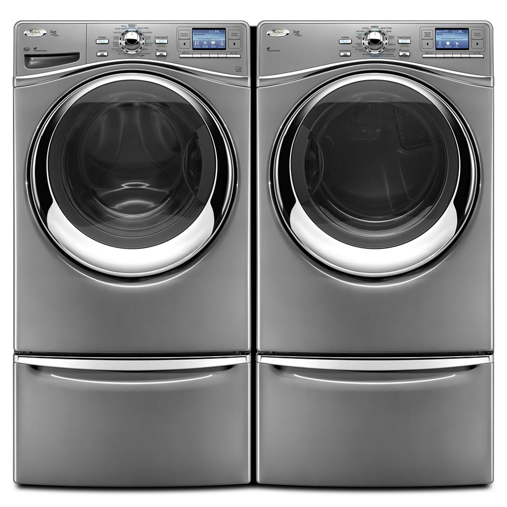 Pair of stainless steel front load washer and dryer with digital displays and pedestal storage drawers in appliances category
