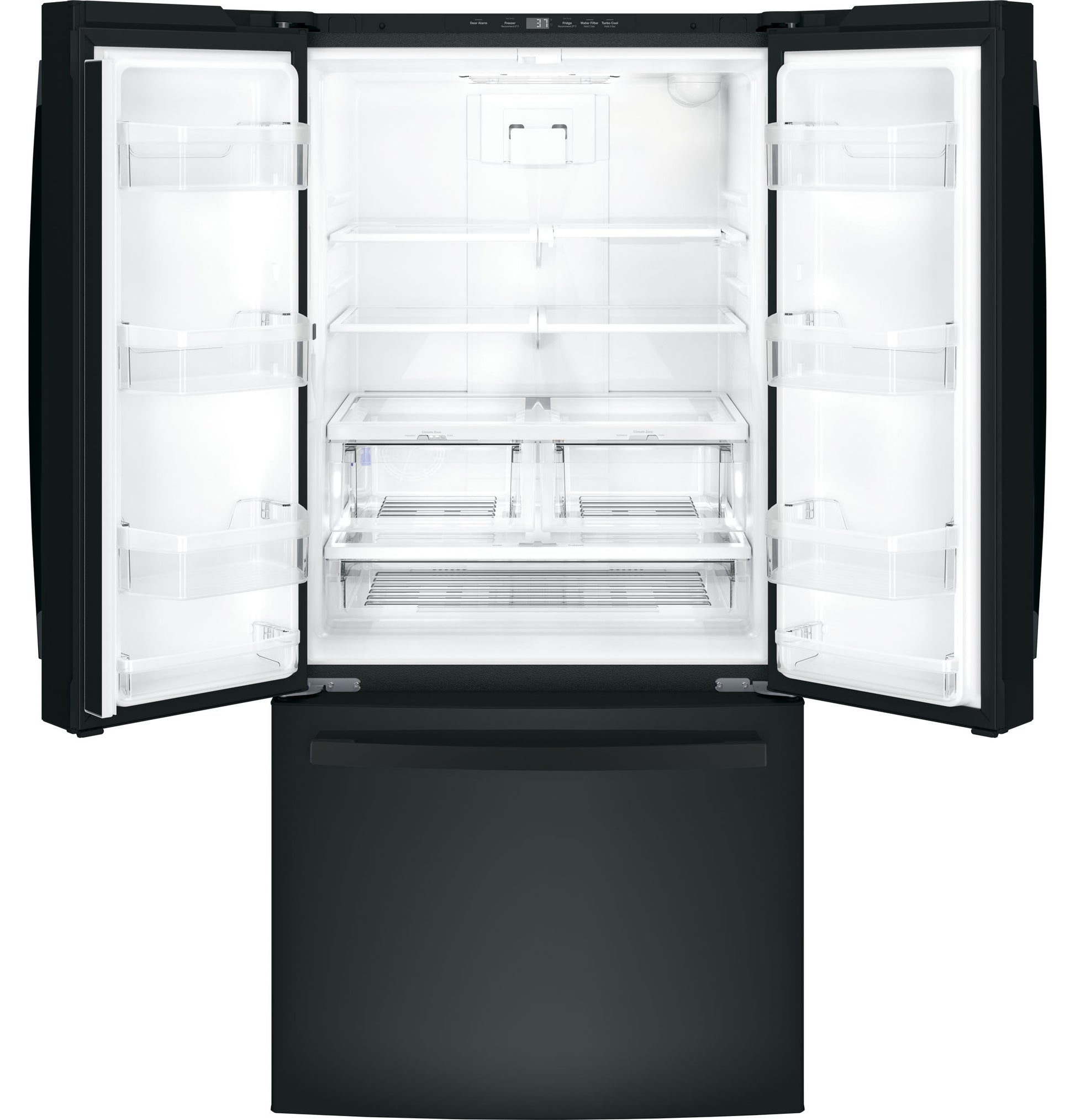 Open black French-door refrigerator with bottom freezer drawer and adjustable shelves in kitchen appliances collection